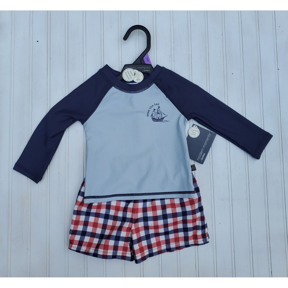 Modern Moments by Gerber Baby Boy Rash Guard Swim Set 12M Blue Plaid UPF 50+